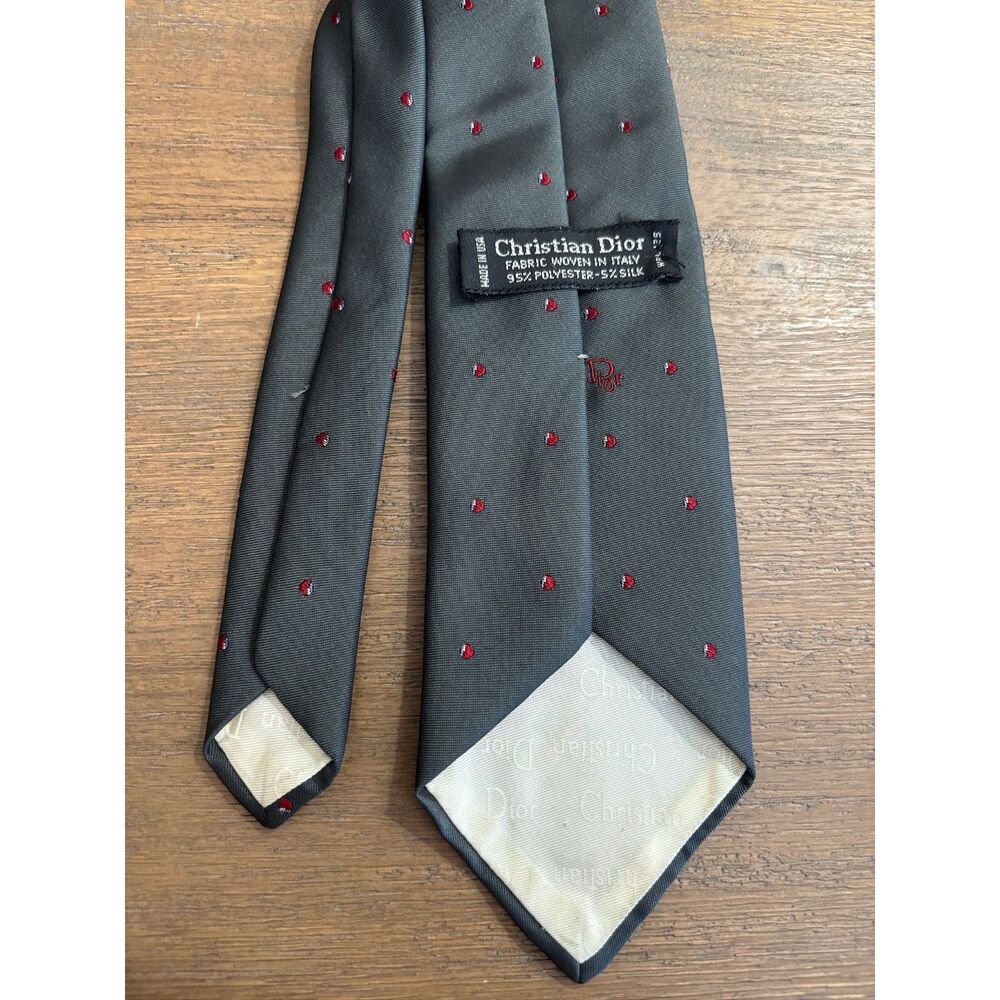 Vintage Christian Dior Monsieur Tie Charcoal Gray Red Pin Dot Silk Blend Italy - Picture 3 of 5